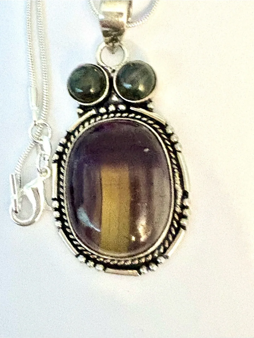 Beautiful 2 inch,925 marked, Fluorite and  Labradorite pendant on a silver chain